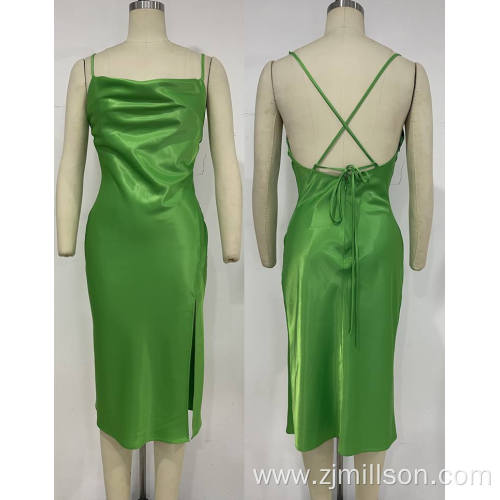 Woven Green Shoulder Staps Bottom Slit Dresses